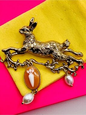 Boutique Gold Rabbit Brooch with Orange Cameo and Pearl Drops